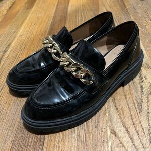 Chunky Black Patent Leather Loafers with Gold Chain
